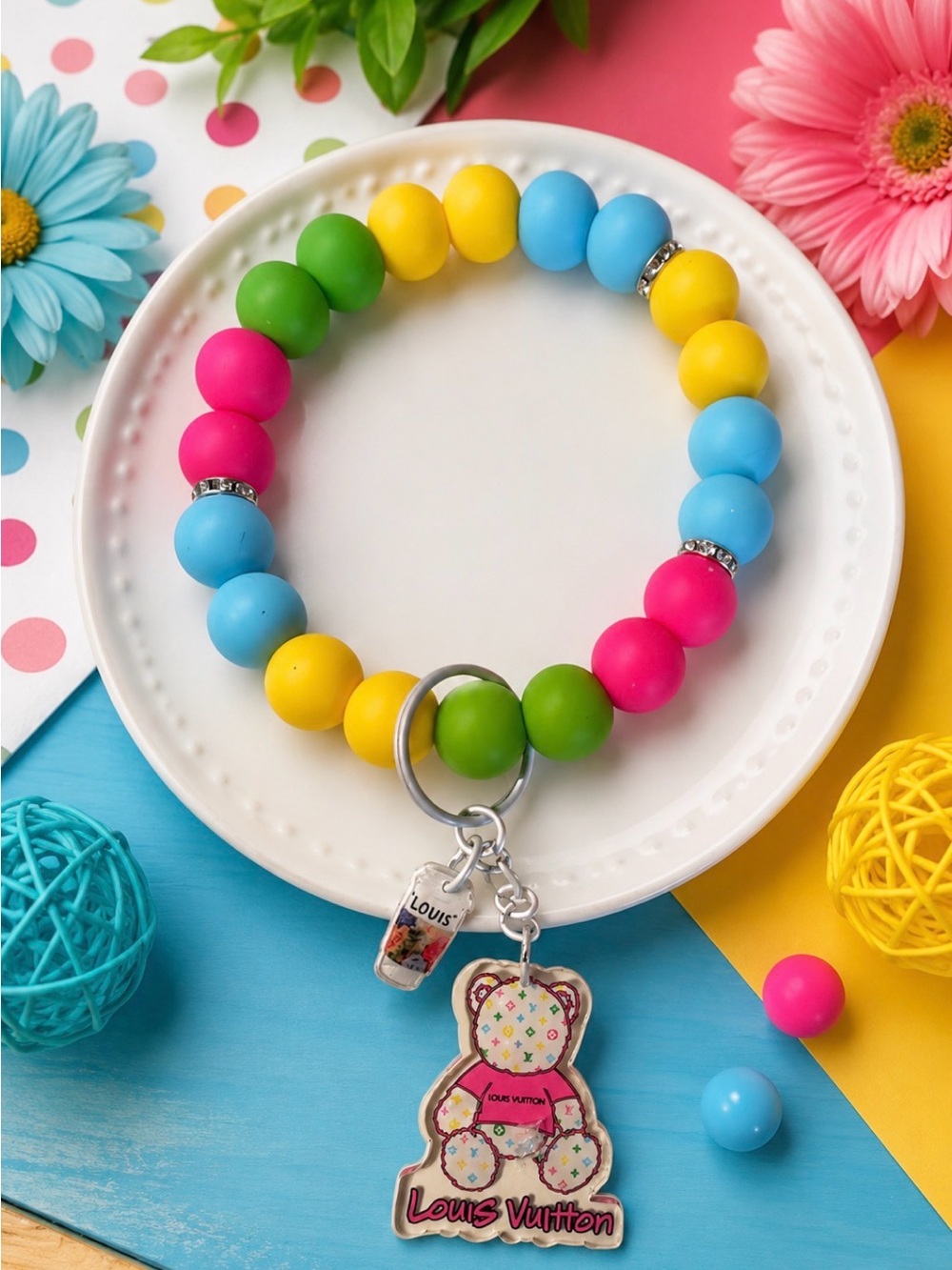 Hand Crafted Bright Multicolor Beaded Wristlet Keychain with Inspired Charms